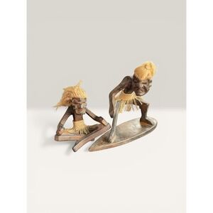 Vintage Hand Carved Wood Tiki Surfer and Meditation Figurines Island Decor Set 2